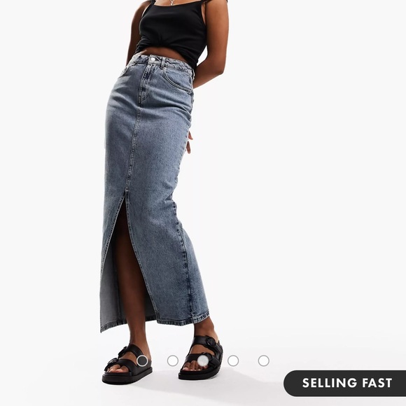 ASOS DESIGN Tall denim midi skirt with split hem in midwash - Picture 3 of 4
